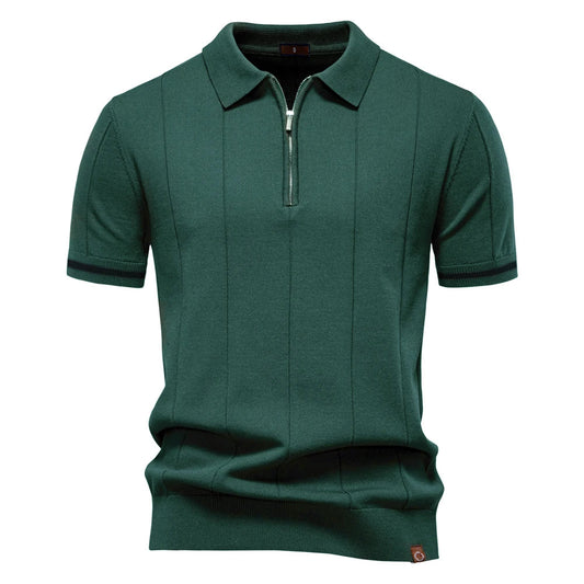 Men's Short-Sleeve Zip Polo Shirt with Contrast Trim and Slim Fit