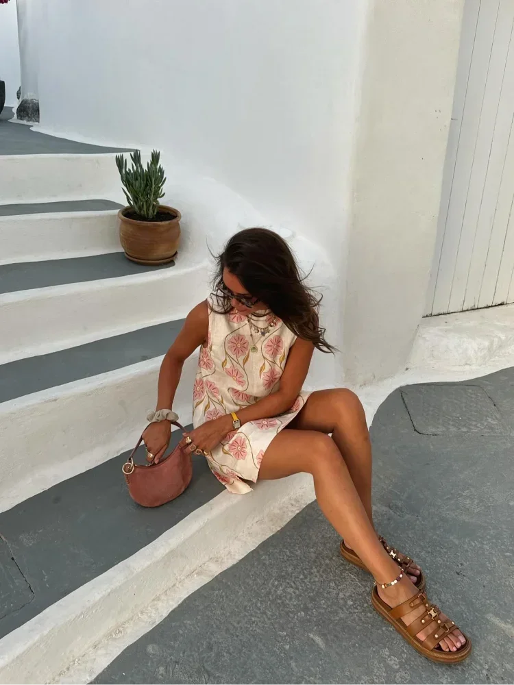 Women's Sleeveless Mini Dress with Pink Floral Allover Print