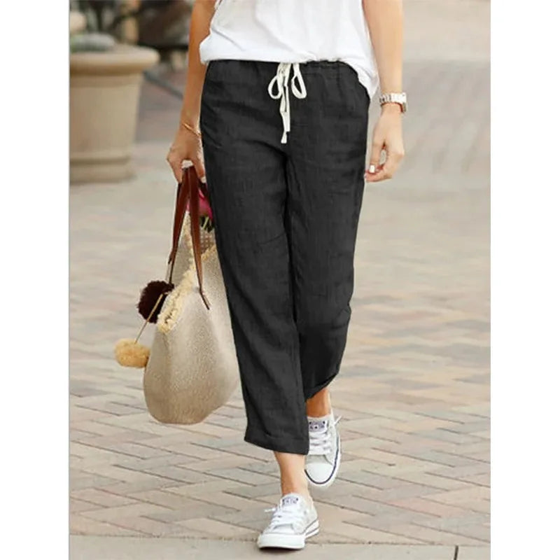 Women's Cotton Drawstring Casual Pants with Elastic Waistband