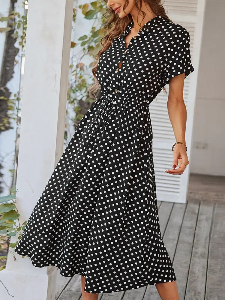 Women's Polka Dot Button-Down Midi Dress with Waist Tie Detail