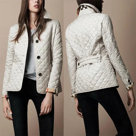 Women's Quilted Button-Up Bomber Jacket with Foldable Cuffs