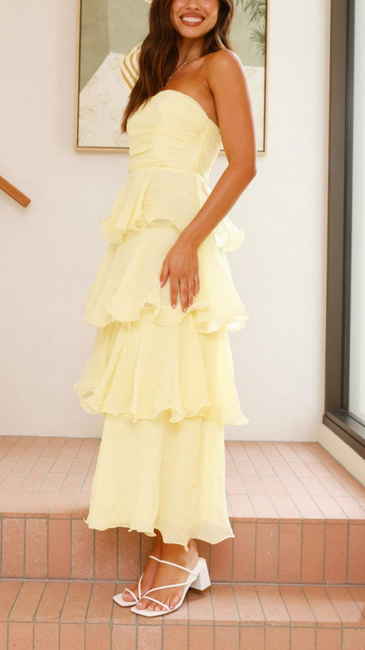 Women's Strapless Ruffle Tiered Maxi Dress with Flowy Silhouette