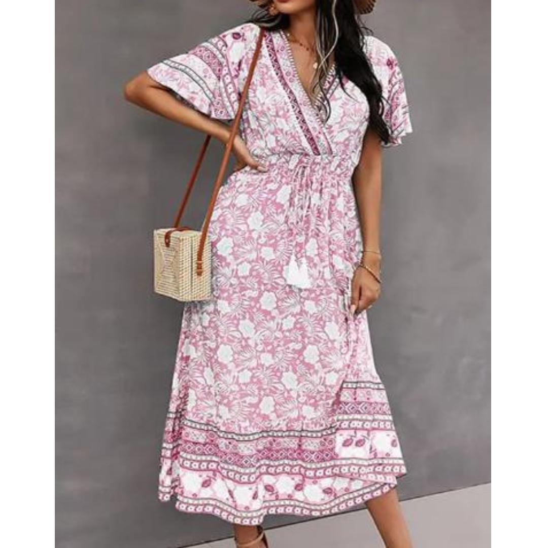 Women's Floral Maxi Dress with Pockets and Tassel Waist Tie