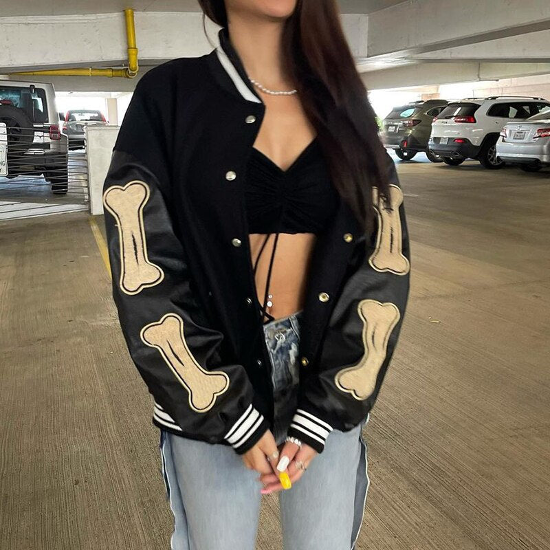 Women's Graphic Varsity Bomber Jacket with Bone Sleeve Design