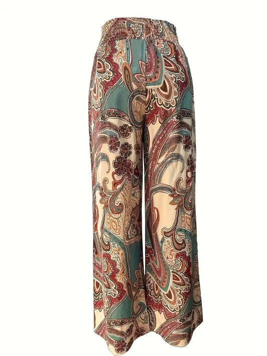 Women's Wide-Leg High-Waist Trousers with Paisley Print