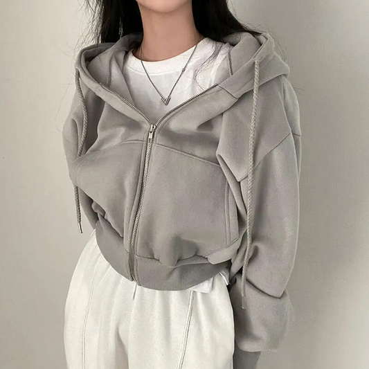 Women's Oversized Cropped Zip-Up Hoodie with Pockets