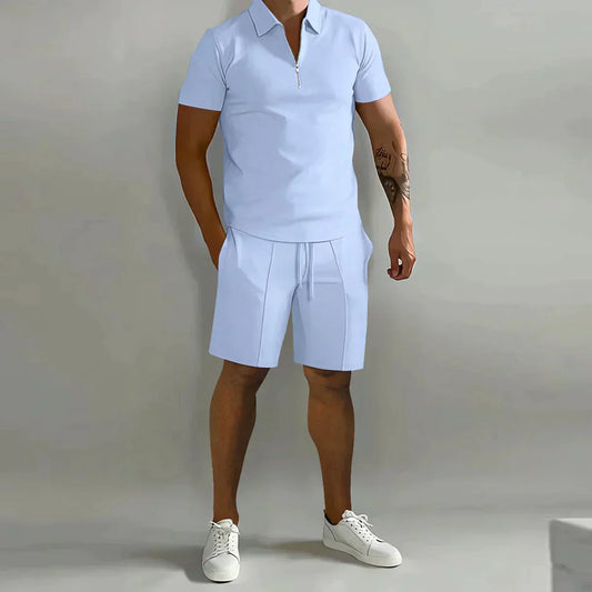Men's Summer Two-Piece Set with Zipper Polo Shirt and Shorts