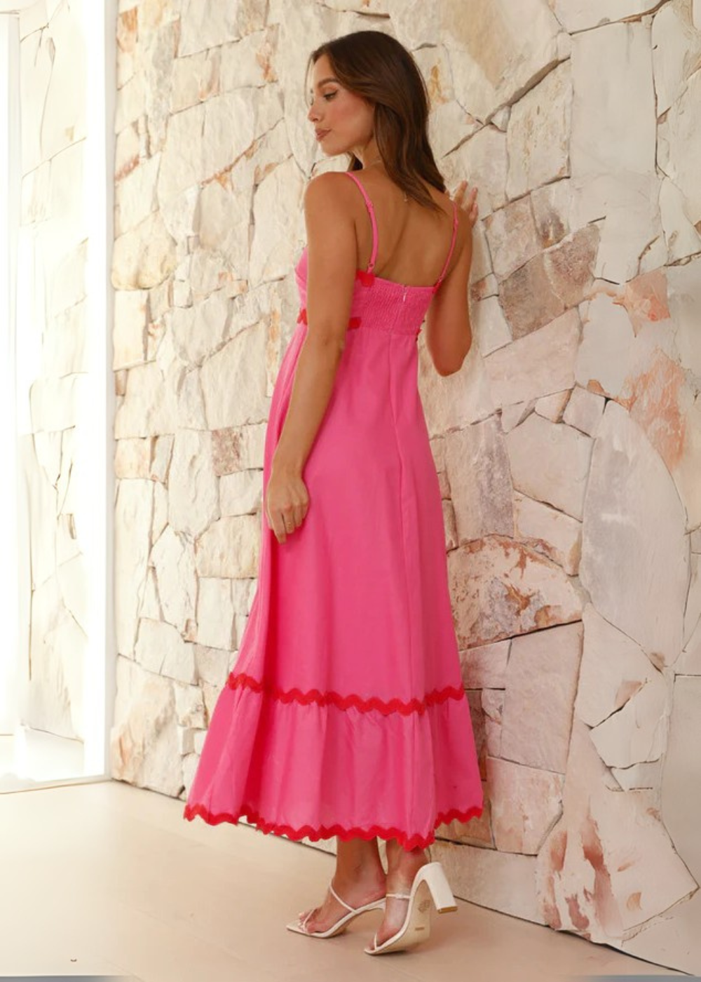 Women's Airy Maxi Dress with Straps and Decorative Trim