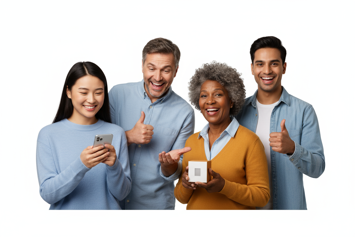 A diverse group of happy customers, smiling and looking satisfied. One customer is gently holding a product, another gestures positively. The subjects are isolated from the background, which is perfectly transparent. The overall feeling is one of contentment and good service, ready for seamless web use."