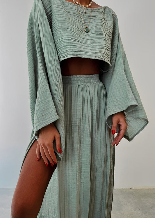 Women's Two-Piece Maxi Skirt Set with Slit and Flowy Crop Top