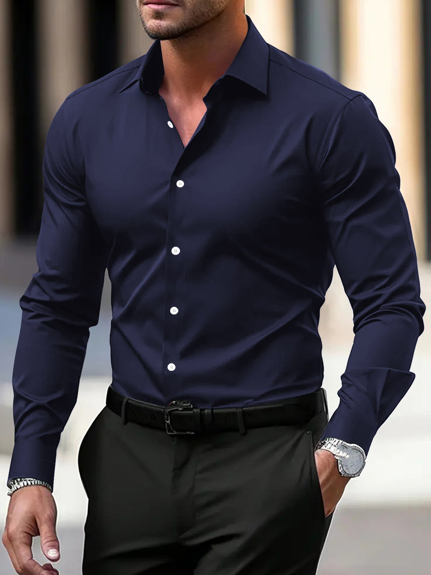 Men’s Summer Business Shirt – Solid Color Long Sleeve Button-Down Casual & Vacation Top