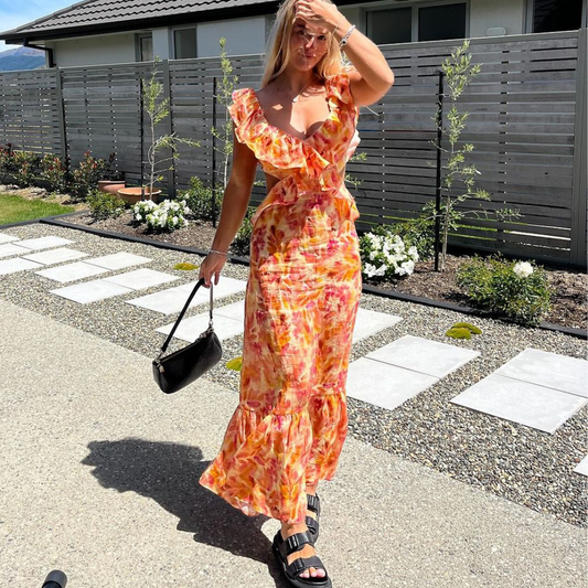 Women's Ruffle Cut-Out Maxi Dress with V-Neck