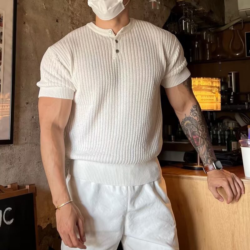 Men’s Vertical Stripe Short Sleeve T-Shirt – Slim Fit & Breathable Ice Silk