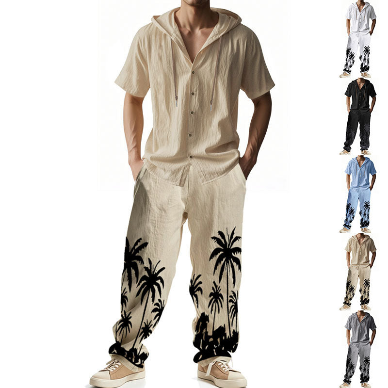 Men’s American Style Hooded Short-Sleeve Shirt & Trousers Set