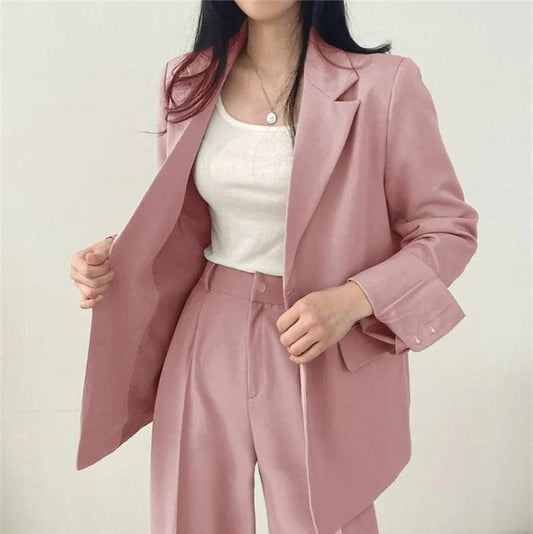 Women’s Tailored Two Piece Suit Set with Long Blazer and Straight-Leg Trousers