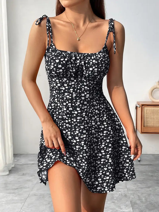 Women's Floral Mini Dress with Tie Straps and Flared Hem