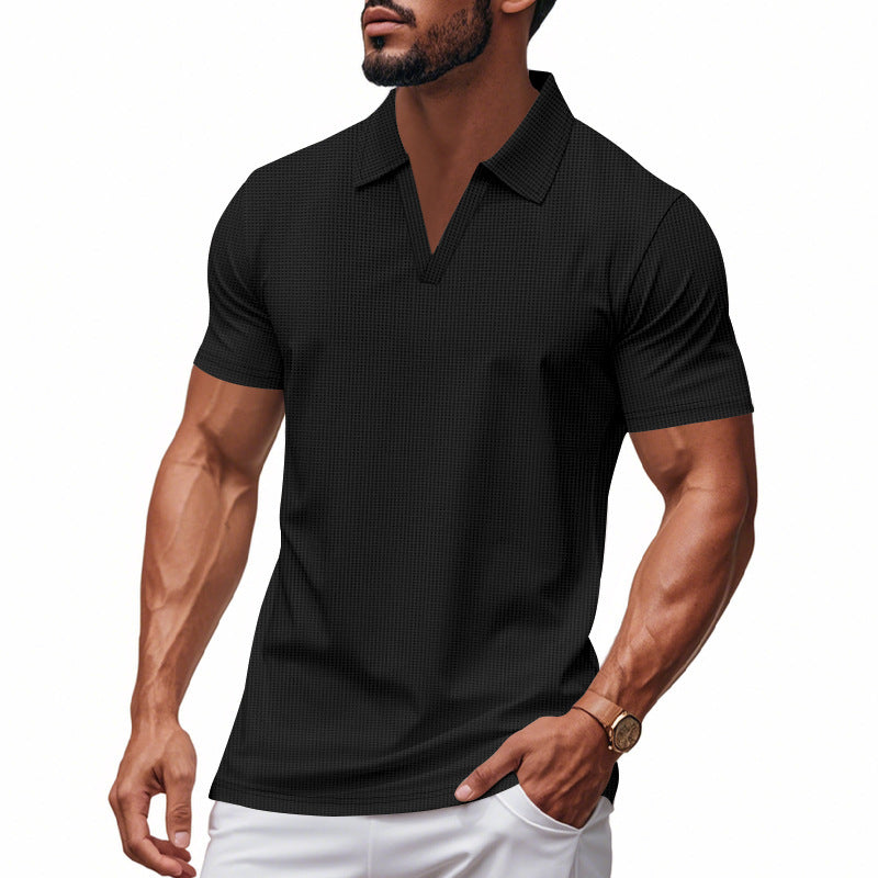 Men’s Summer V-Neck Waffle Polo Shirt – Slim & Lightweight