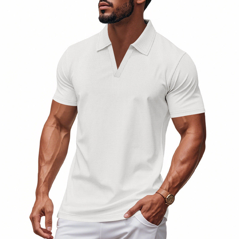 Men’s Summer V-Neck Waffle Polo Shirt – Slim & Lightweight