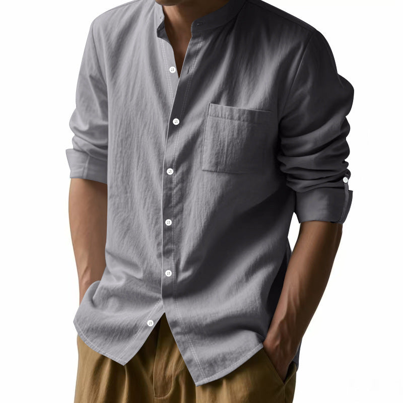 Men’s Long Sleeve Stand Collar Linen Shirt with Pockets – Casual & Stylish