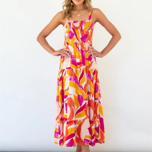 Women's Sleeveless Smocked Maxi Dress with Colorful Abstract Print