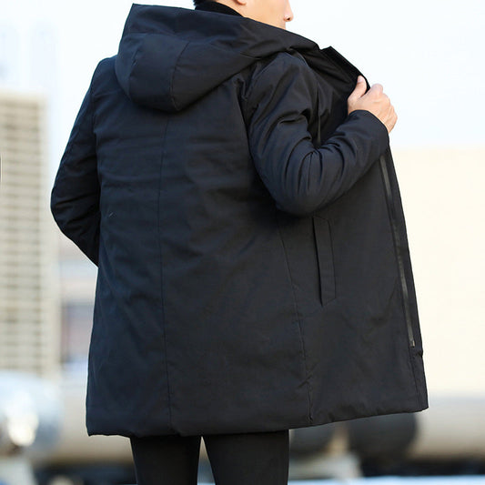 Men's Mid-Length Quilted Hooded Coat with Modern Zip Design