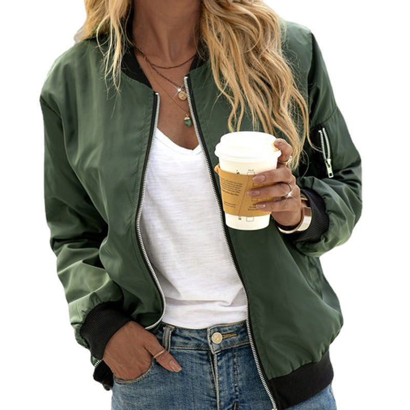 Women's Zip-Up Bomber Jacket with Utility Sleeve Pocket Detail