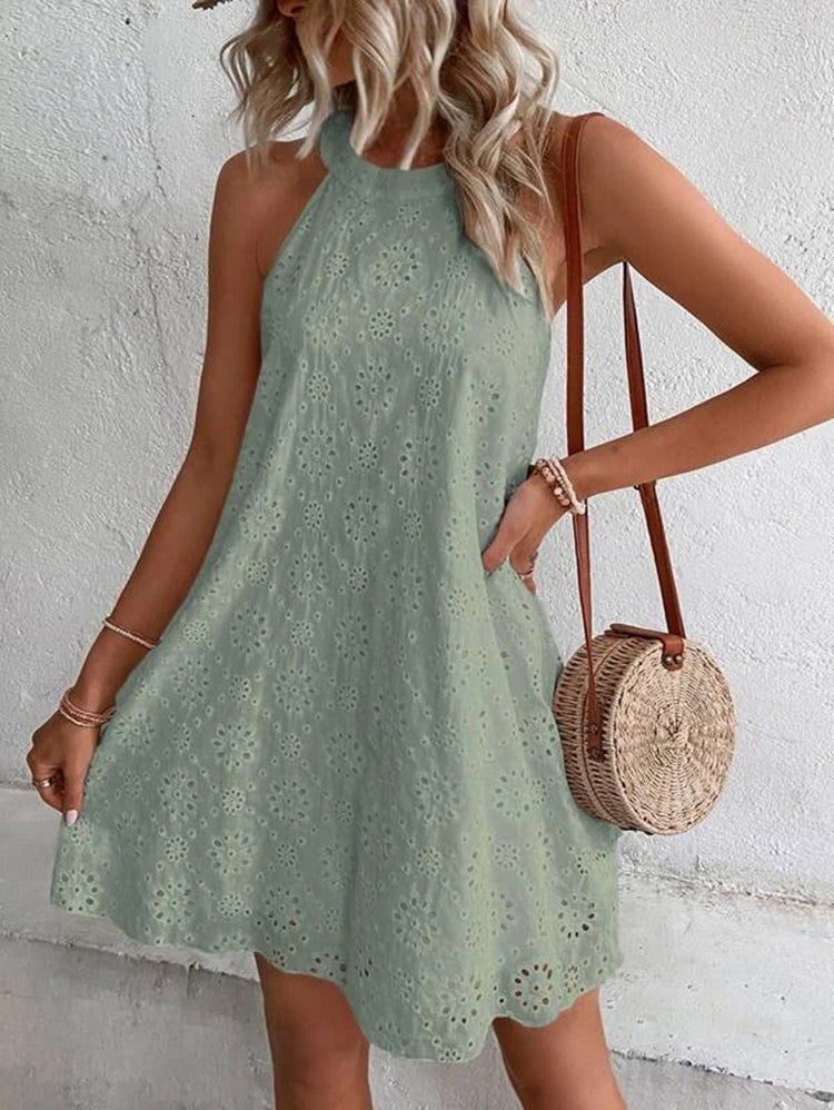 Women's Sleeveless A-Line Short Dress with Floral Eyelet Design
