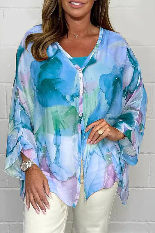 Women's Loose Button-Up Blouse with Watercolor Print