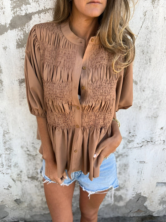 Women's Button-Up Blouse with Smocked Bodice and Puff Sleeves