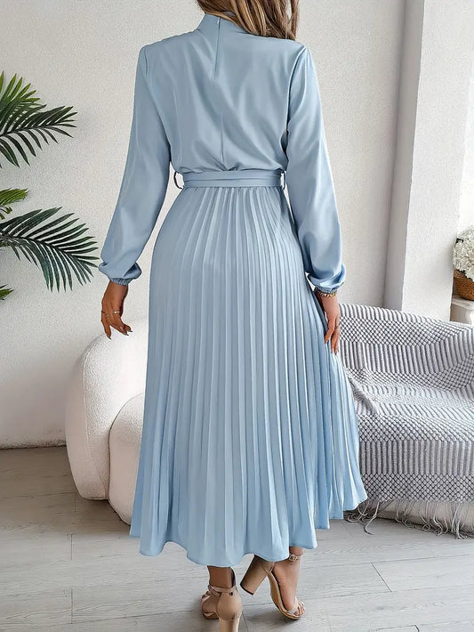Women's Chic Pleated Midi Dress with Belted Waist