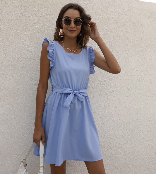 Women's Sleeveless Midi Dress with Ruffle Shoulders and Waist Tie