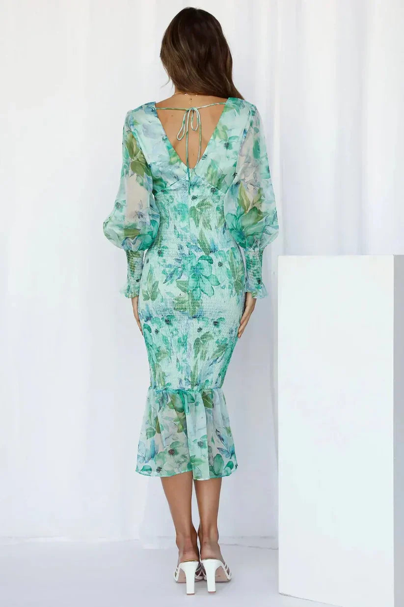 Women's Long-Sleeve Maxi Dress with Floral Print and Ruffled Hem