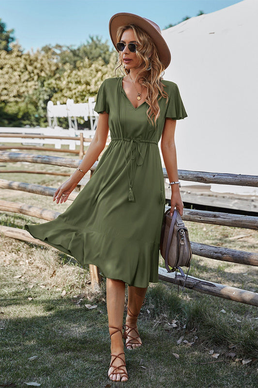 Women's Short Sleeve Midi Dress with Drawstring Waist Detail