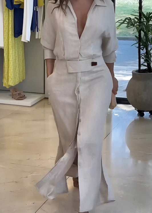Women's Belted Shirt Maxi Dress with Front Slit and Button Detail