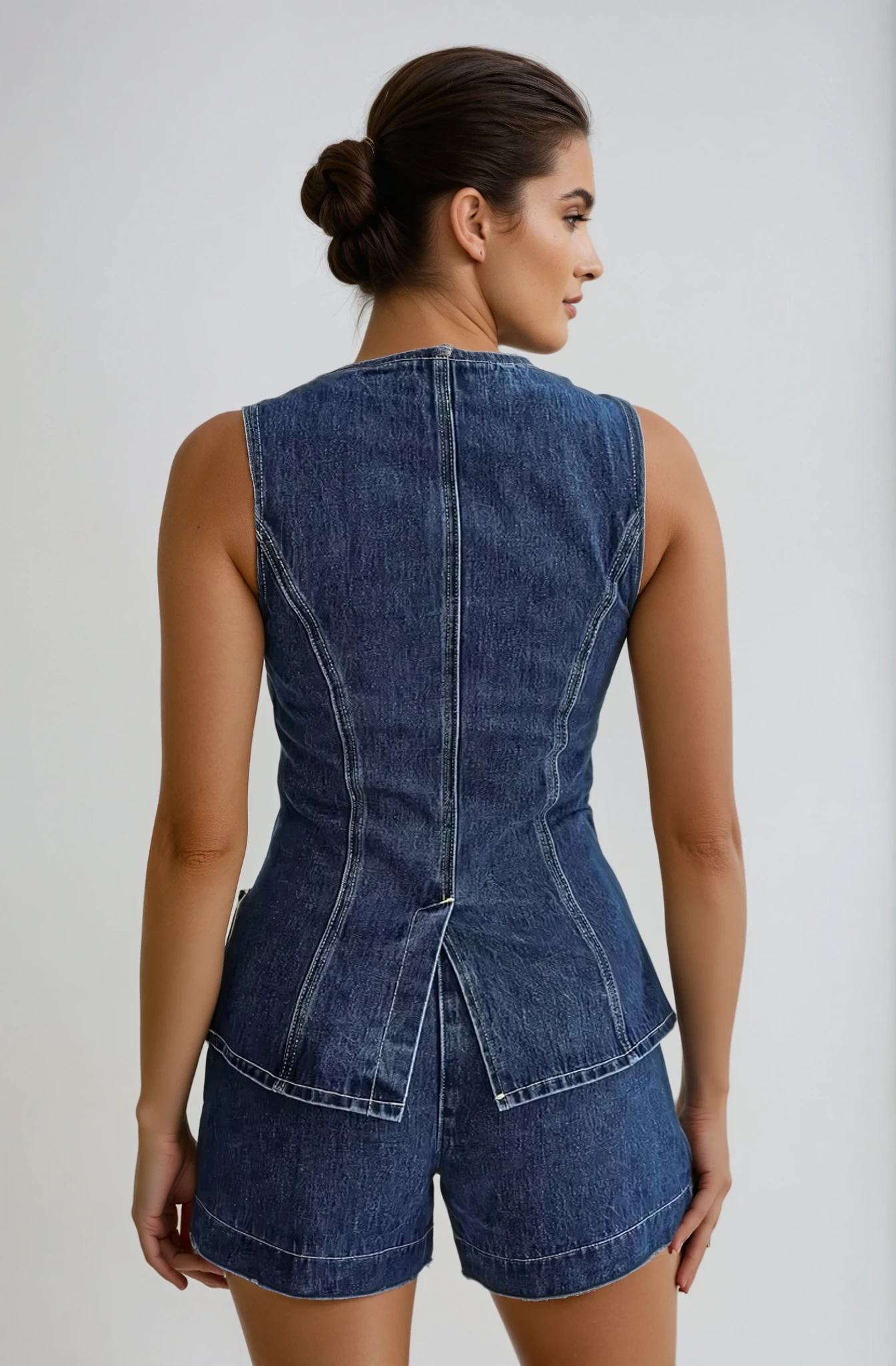 Women's Sleeveless Button-Up Denim Two-Piece Set with Fitted Vest and Shorts