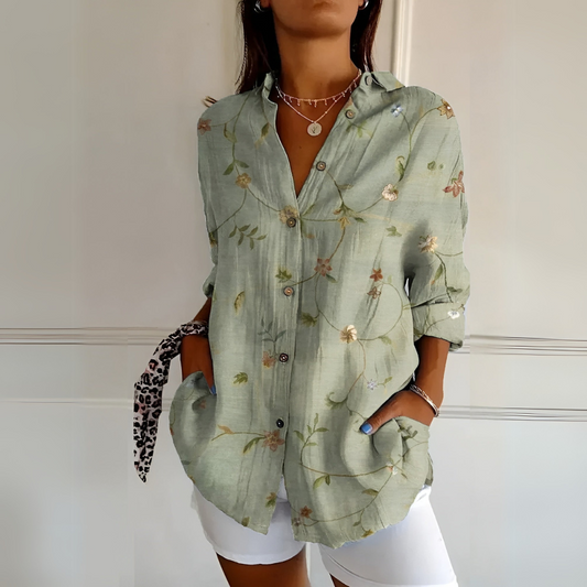 Women's Floral Button-Up Blouse with Long Sleeves and Relaxed Fit