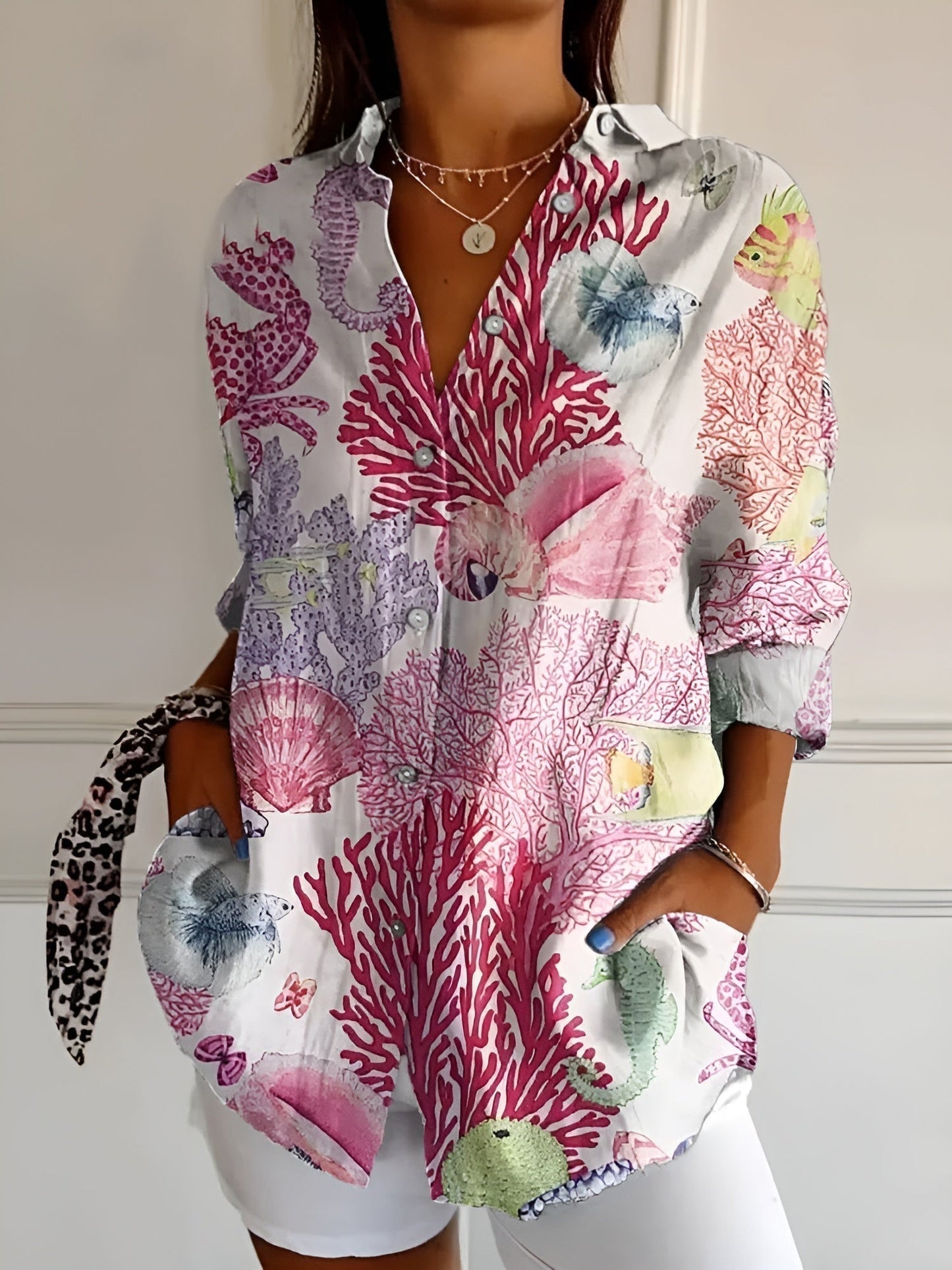 Women's Floral Button-Up Blouse with Long Sleeves and Relaxed Fit