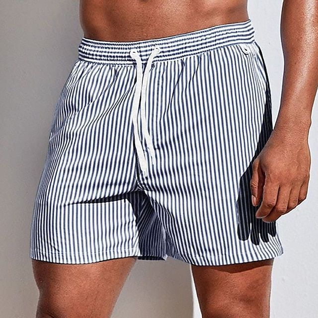 Men's Striped Swim Shorts with Drawstring Waist and Side Pockets