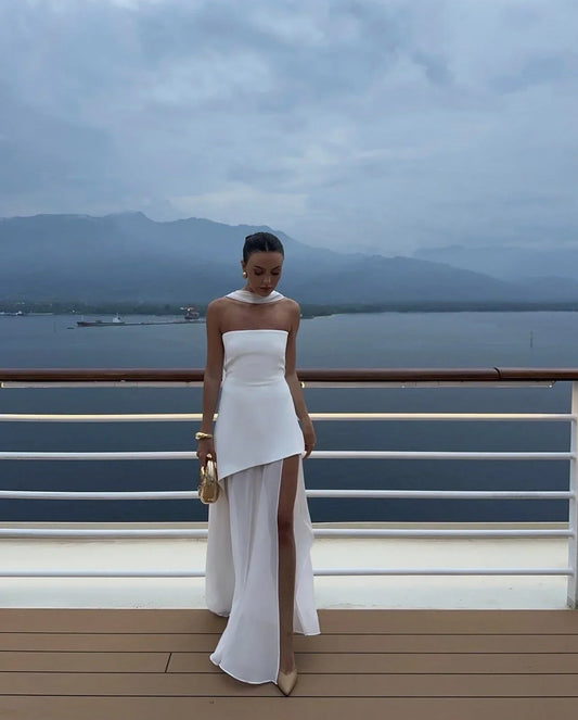 Women's Asymmetrical Strapless Maxi Dress with Layered Skirt