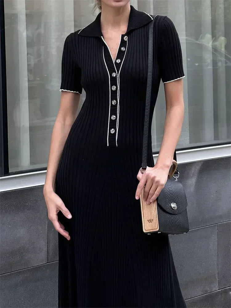Women's Ribbed Knit Maxi Dress with Button Front and Polo Collar