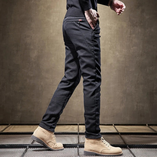 Men's Corduroy Fleece Work Trousers Slim Fit Warm Casual Style