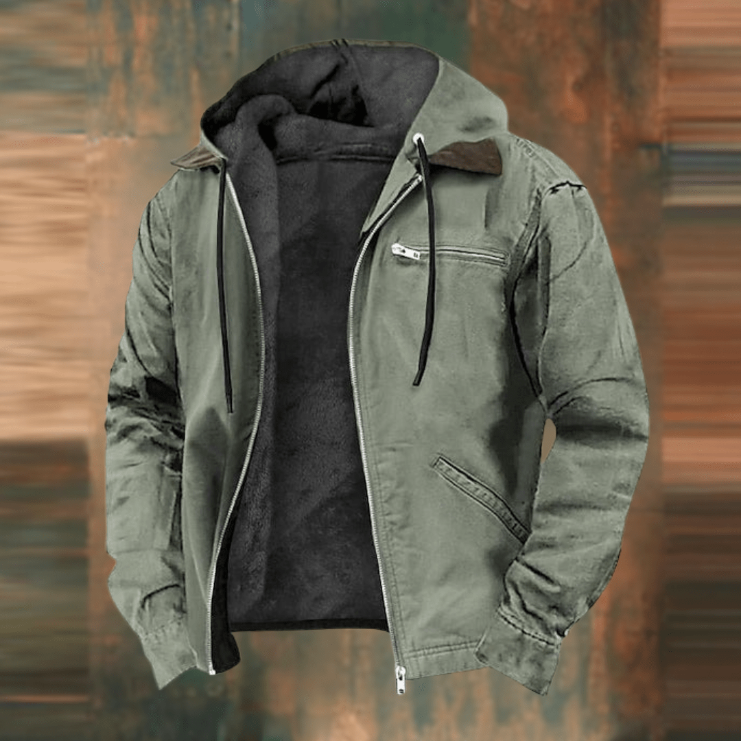 Men's Hooded Bomber Jacket with Lined Interior and Zip Pockets