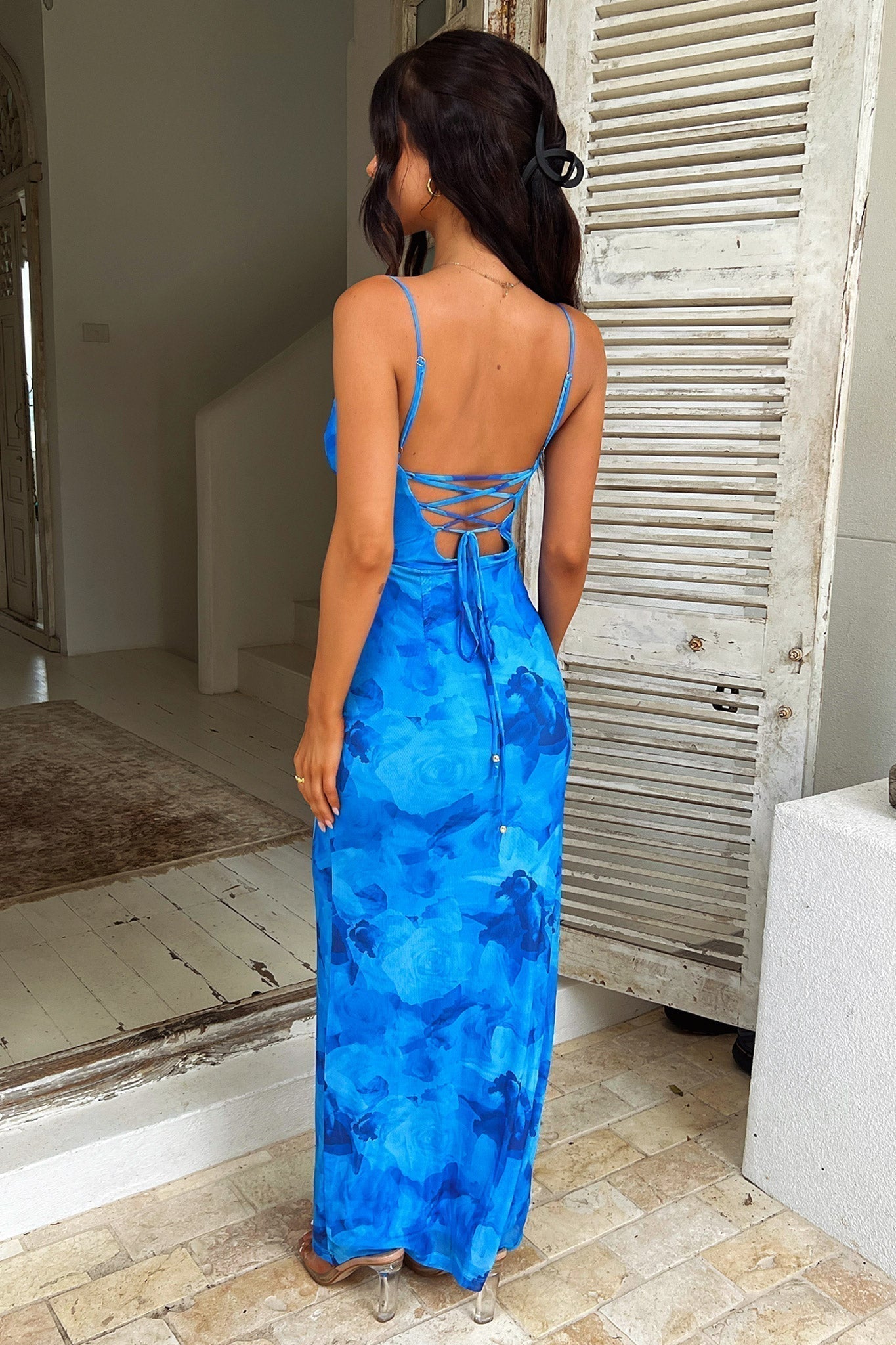 Women's Floral Blue Maxi Dress with Spaghetti Straps