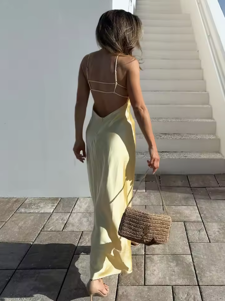 Women's Maxi Dress with Spaghetti Straps and V-Neck Silhouette