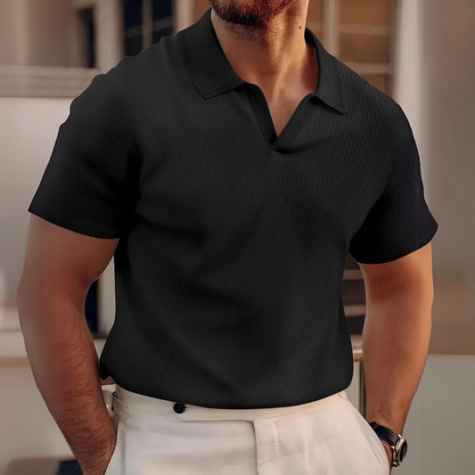 Men's Short Sleeve Ribbed Polo Shirt with V-Neck Collar