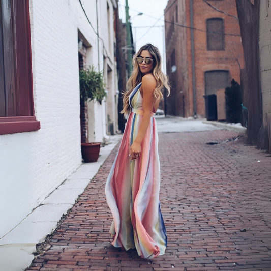 Women's Elegant Maxi Dress with Deep V-Neck and Flowy Silhouette