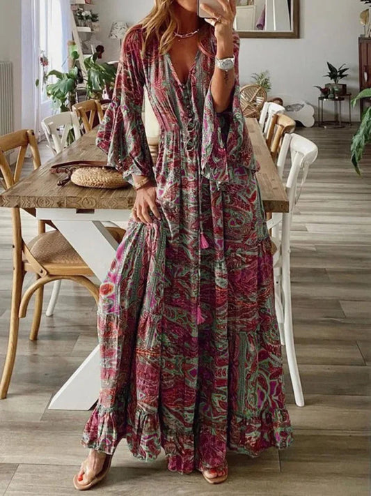 Women's Boho Maxi Dress with Flared Sleeves