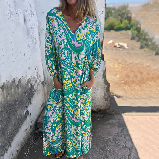 Women's Printed Maxi Dress with V-Neck and Relaxed Fit Sleeves