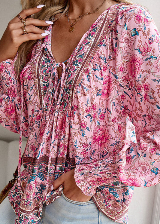 Women's Long-Sleeve Floral Blouse with Tie Neckline