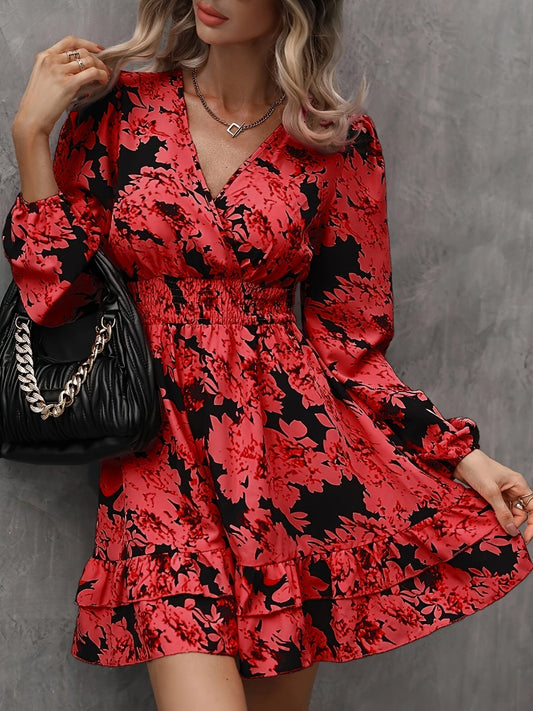 Women's Long Sleeve Floral Mini Dress with Ruffle Hem